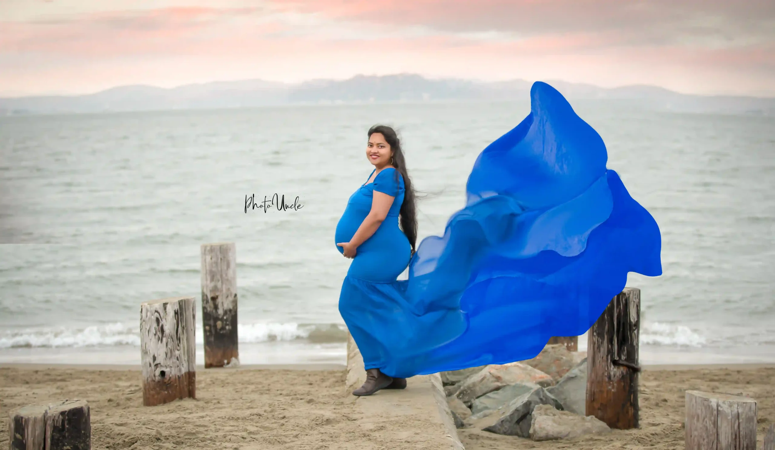 Blue Maternity Photography Dress - Off Shoulder
