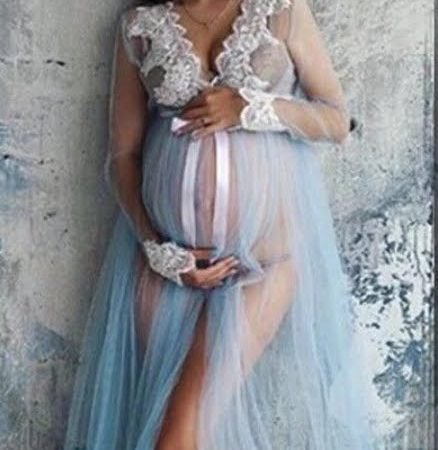 Hot Lace Long Sleeve Sky Blue Maternity Maxi Gown