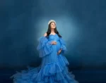 Elegant Blue Stunning Off-Shoulder Ruffles Tulle Maternity Dress