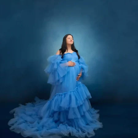 Elegant Blue Stunning Off-Shoulder Ruffles Tulle Maternity Dress