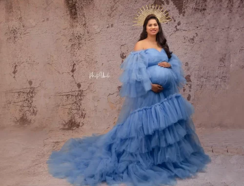 Elegant Blue Stunning Off-Shoulder Ruffles Tulle Maternity Dress