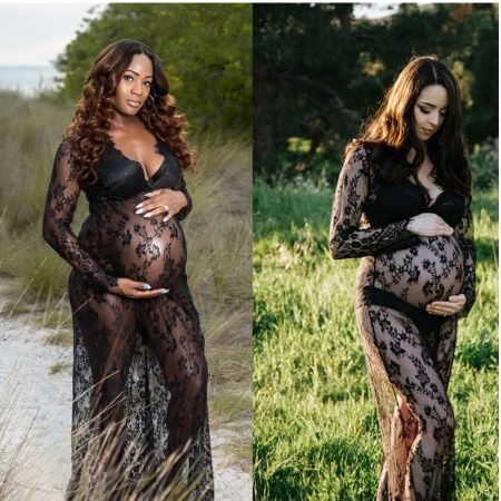 V Neck Long Sleeve Textured Black Maternity Beech Gown