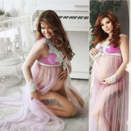 Hot Lace Long Sleeve Playful Pink Maternity Maxi Gown