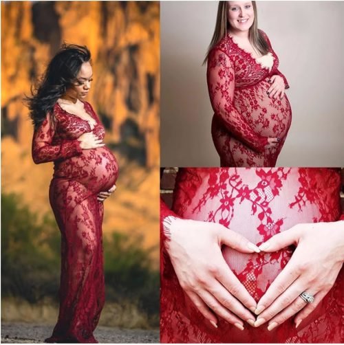 V Neck Long Sleeve Rich Red Maternity Beech Gown