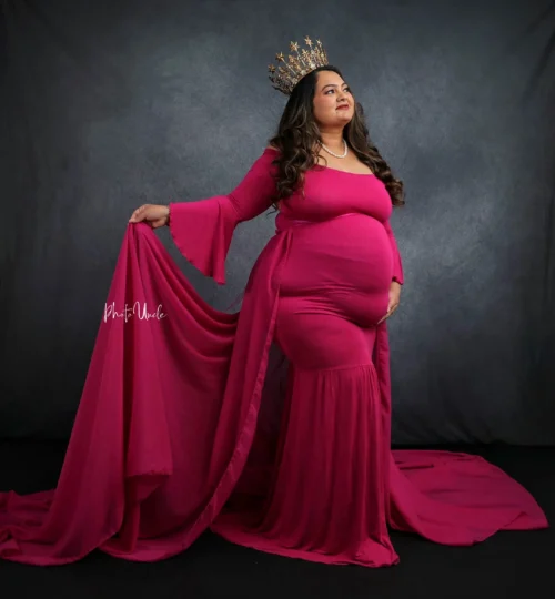 Elegant Full-Sleeve Maternity Dress for Your Baby Shower with Veil