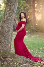 Red Off-Shoulder Long Maternity Photography Dress