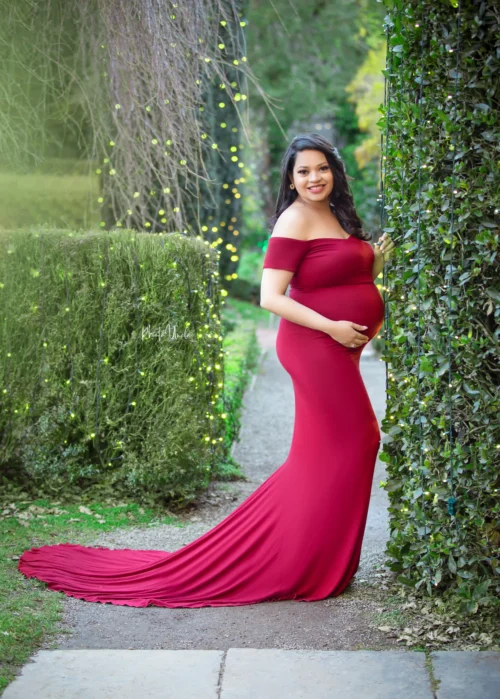 Red Off-Shoulder Long Maternity Photography Dress