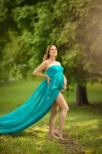 Elegant Split-Front Turquoise Maternity Maxi Chiffon Gown