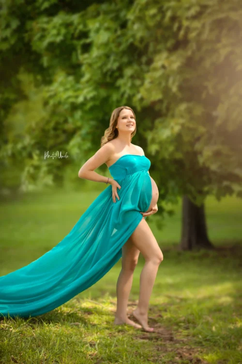 Elegant Split-Front Turquoise Maternity Maxi Chiffon Gown