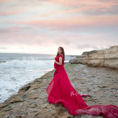 Stunning Red Off Shoulder Maternity Gown with Train Ideal for Capturing Your Pregnancy Glow