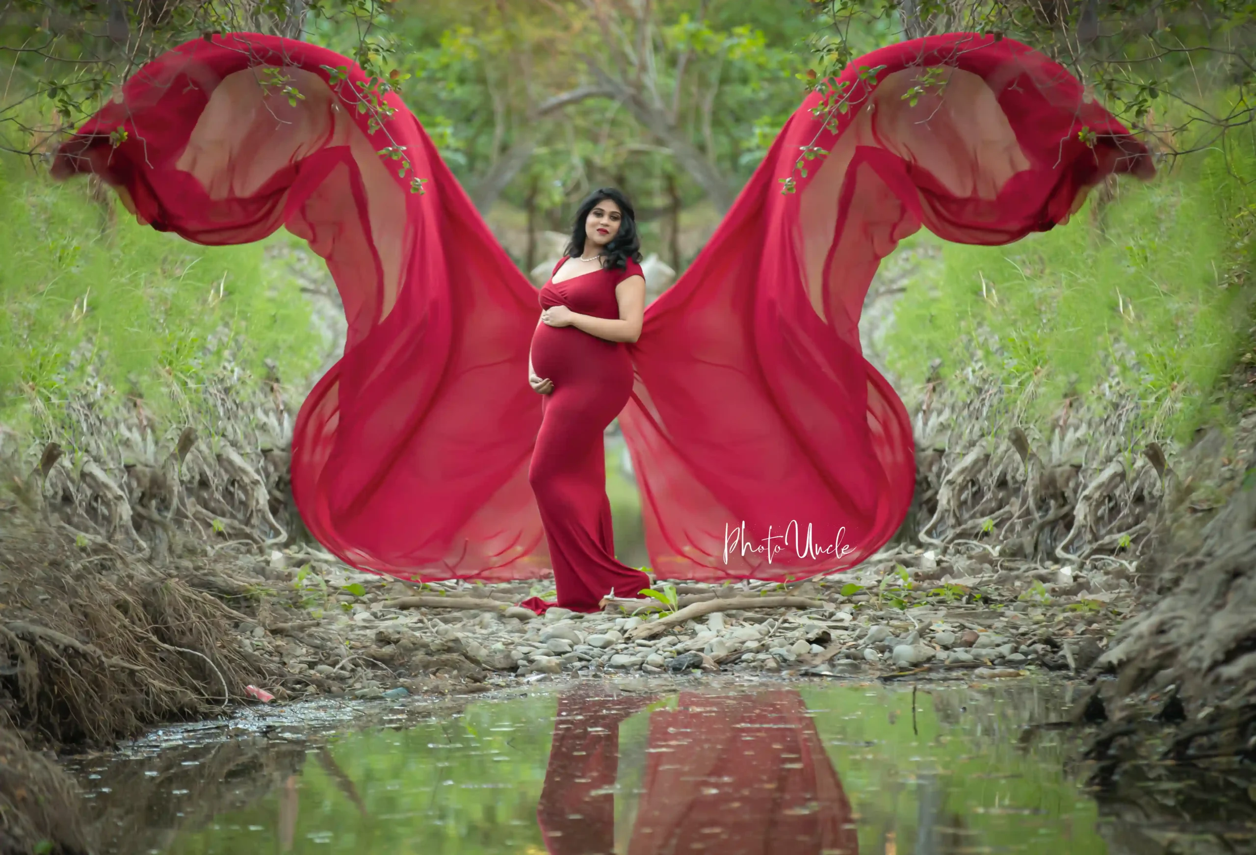 Stunning Red Off Shoulder Maternity Gown with Train Ideal for Capturing Your Pregnancy Glow