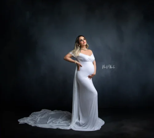 White Maternity Fitted Gown with Attached Chiffon Train