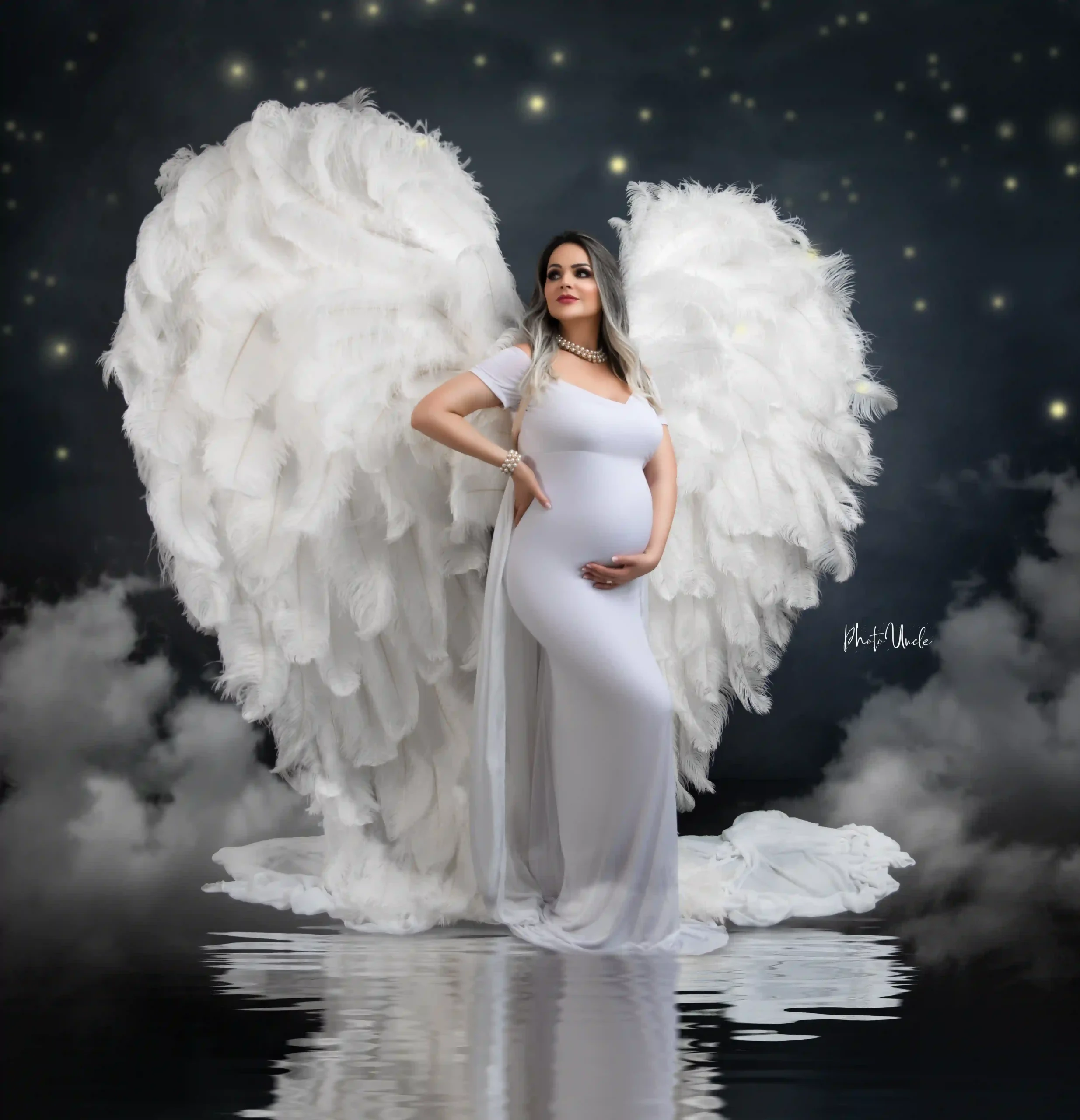 White Maternity Fitted Gown with Attached Chiffon Train