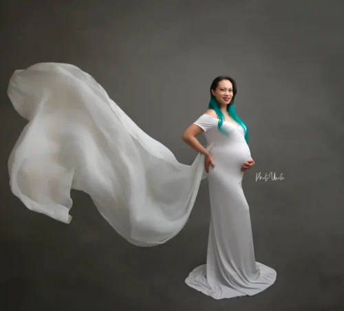 White Maternity Fitted Gown with Attached Chiffon Train