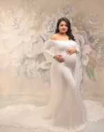 White Maternity Fitted Gown with Attached Chiffon Train