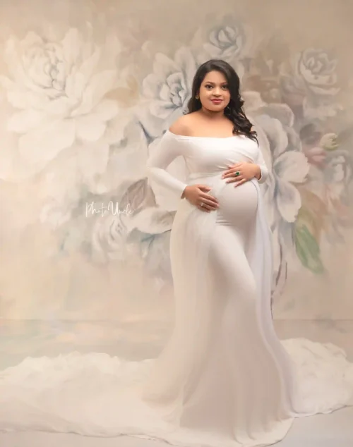 White Maternity Fitted Gown with Attached Chiffon Train