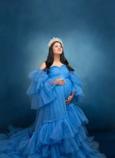 Elegant Blue Stunning Off-Shoulder Ruffles Tulle Maternity Dress