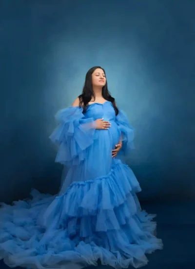 Elegant Blue Stunning Off-Shoulder Ruffles Tulle Maternity Dress