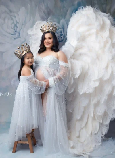 Stunning Off-Shoulder Pearls Twinning Maternity Dress