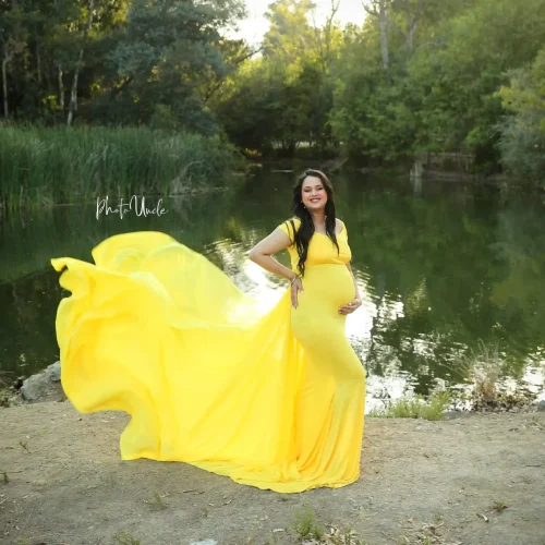 Canary Yellow Stylish Maternity Jersey Dress for Photoshoots