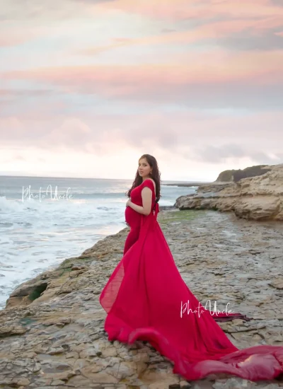 Stunning Red Off Shoulder Maternity Gown with Train Ideal for Capturing Your Pregnancy Glow